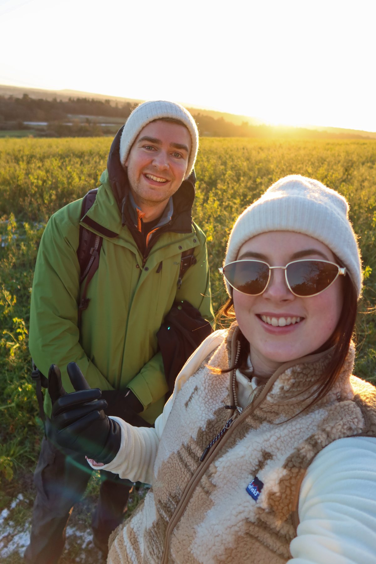 Ellie and Sam in a sunlit field in winter